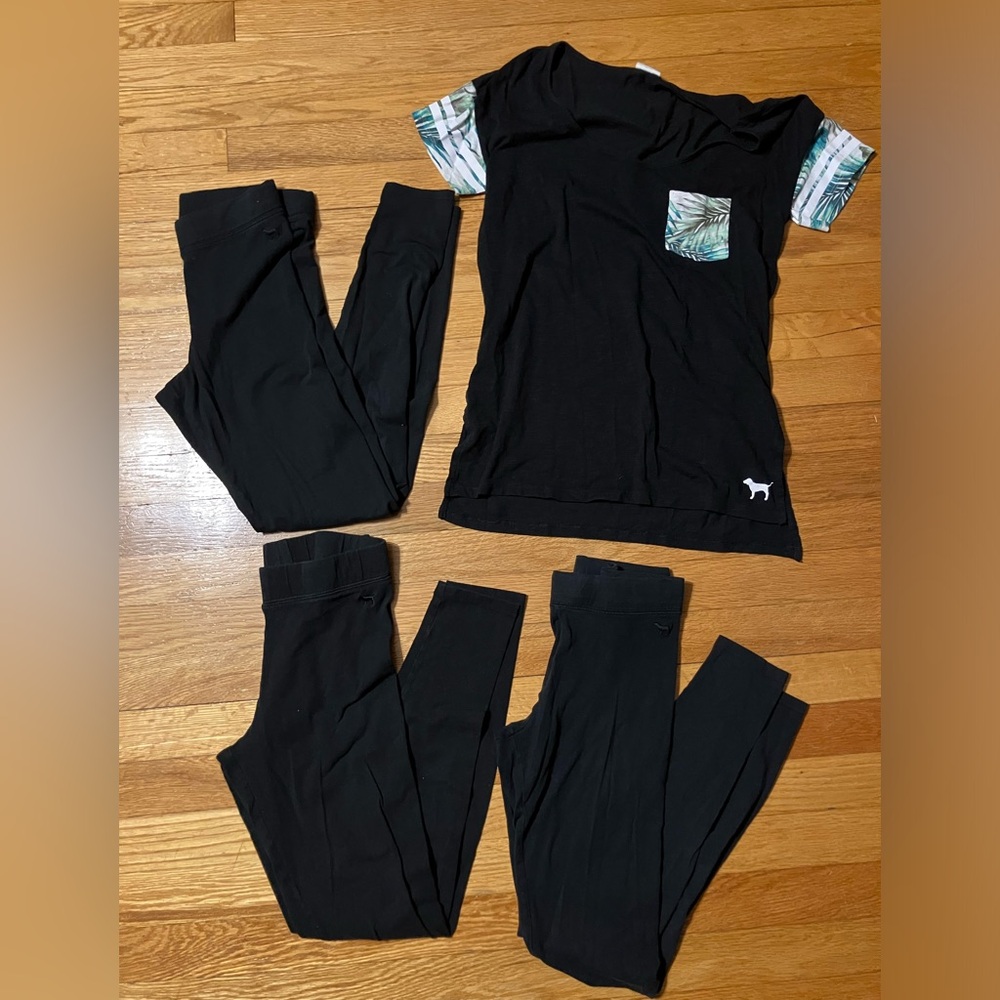 PINK Victoria's Secret XS Clothing lot 3 leggings and Black Tee with Palm print